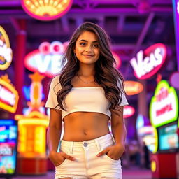 A stylish teen Latina girl with long, wavy brown hair, dressed in a cute white outfit featuring a stylish crop top and white ripped jeans