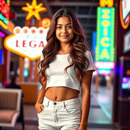 A stylish teen Latina girl with long, wavy brown hair, dressed in a cute white outfit featuring a stylish crop top and white ripped jeans