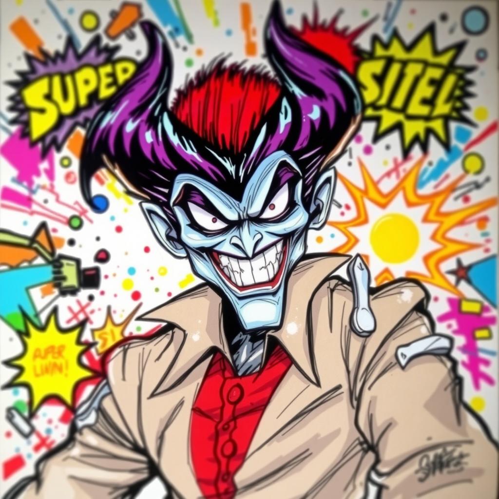 A vibrant and colorful sketch featuring a super villain character in a dynamic pose, showcasing their menacing demeanor and unique features