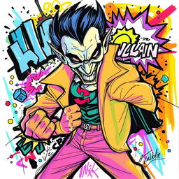 A vibrant and colorful sketch featuring a super villain character in a dynamic pose, showcasing their menacing demeanor and unique features