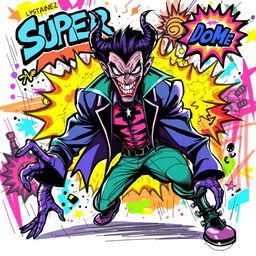 A vibrant and colorful sketch featuring a super villain character in a dynamic pose, showcasing their menacing demeanor and unique features