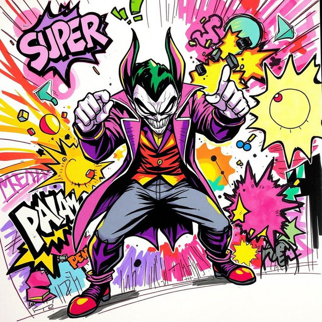 A vibrant and colorful sketch featuring a super villain character in a dynamic pose, showcasing their menacing demeanor and unique features