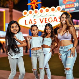 Three Latina siblings in Las Vegas: the youngest, a 9-year-old girl with long black hair, wearing leggings and a white t-shirt, is playfully posing with a cheerful smile