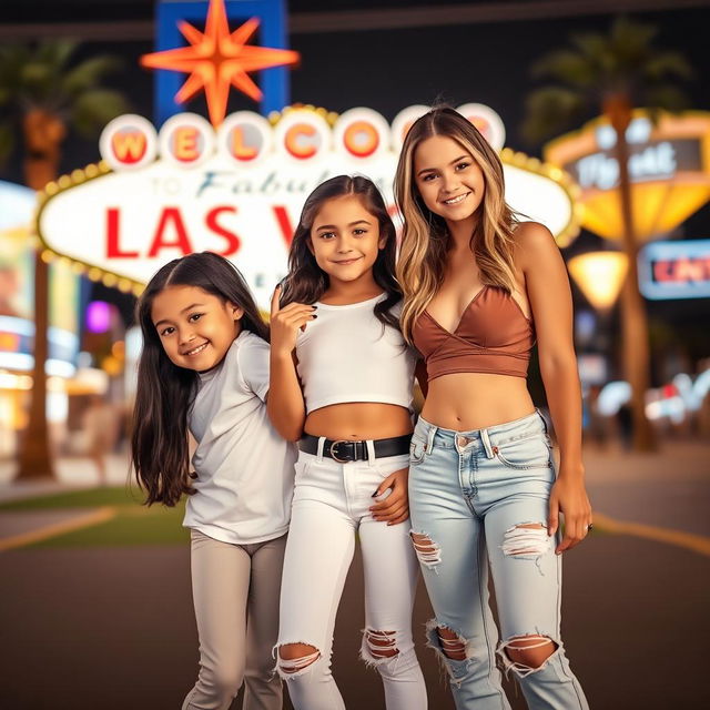 Three Latina siblings in Las Vegas: the youngest, a 9-year-old girl with long black hair, wearing leggings and a white t-shirt, is playfully posing with a cheerful smile