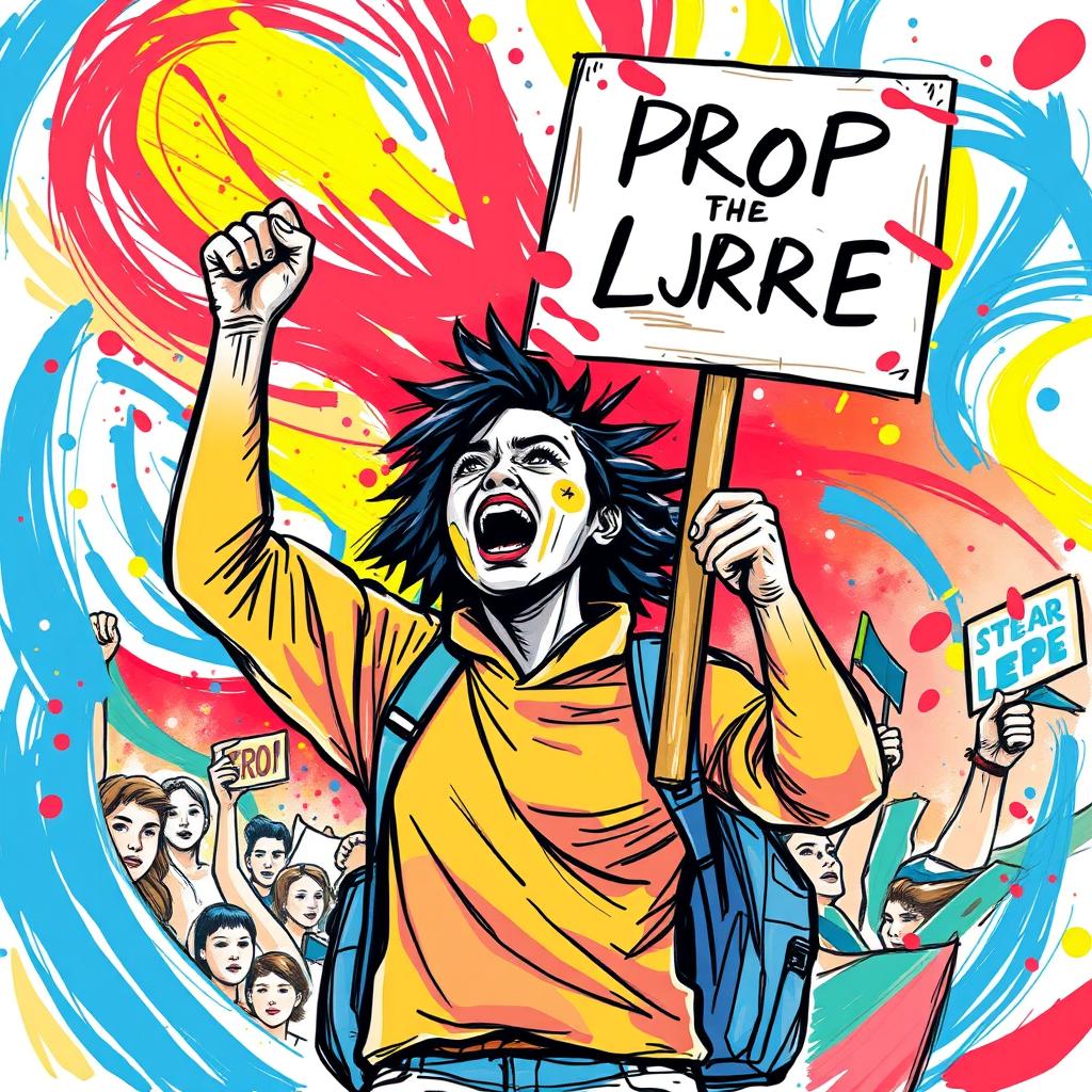 A vibrant and dynamic colored sketch depicting a demonstrant in an expressive pose, holding a protest sign