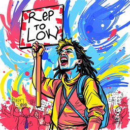 A vibrant and dynamic colored sketch depicting a demonstrant in an expressive pose, holding a protest sign