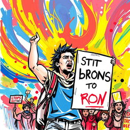 A vibrant and dynamic colored sketch depicting a demonstrant in an expressive pose, holding a protest sign