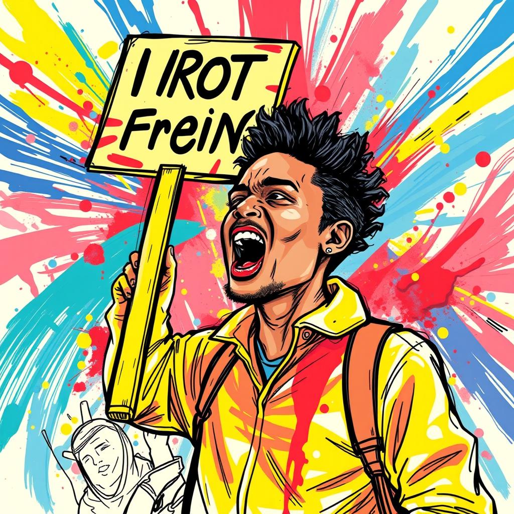 A vibrant and dynamic colored sketch depicting a demonstrant in an expressive pose, holding a protest sign