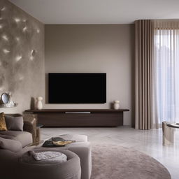 An exquisite living room featuring a state-of-the-art curved television, elegantly positioned amidst stylish furniture.