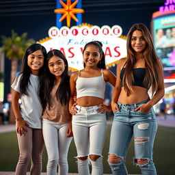 Three Latina siblings standing next to each other in Las Vegas: the youngest, a 9-year-old girl with long black hair, wearing leggings and a white t-shirt, has a big smile and an energetic pose