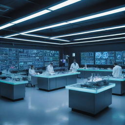 A futuristic science lab with glowing neon tubes, advanced machinery, complex diagrams on holographic screens and scientists in white coats conducting experiments