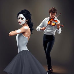 A beautiful scene depicting a ballet dancer with vitiligo, showcasing a striking white streak in her black hair and heterochromia in her eyes, one green and the other blue