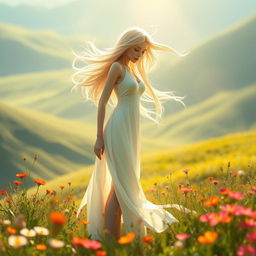 An imaginative portrayal of a graceful humanoid figure standing in a serene landscape, bathed in soft sunlight