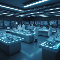 A futuristic science lab with glowing neon tubes, advanced machinery, complex diagrams on holographic screens and scientists in white coats conducting experiments