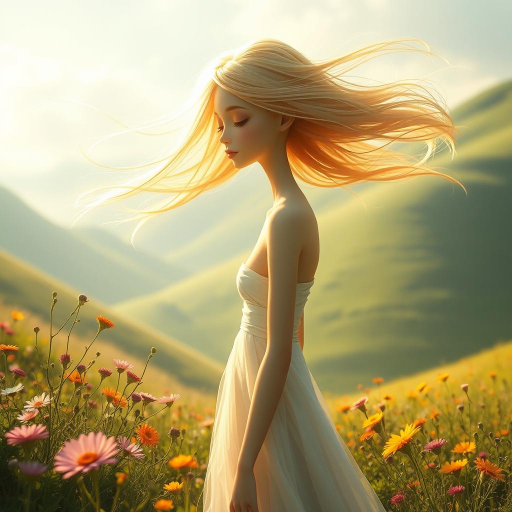 An imaginative portrayal of a graceful humanoid figure standing in a serene landscape, bathed in soft sunlight