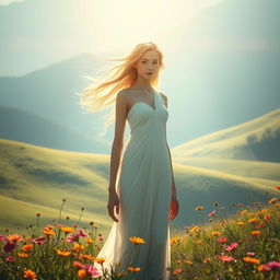 An imaginative portrayal of a graceful humanoid figure standing in a serene landscape, bathed in soft sunlight