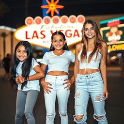 Three Latina siblings standing next to each other in Las Vegas: the youngest, a 9-year-old girl with long black hair, is wearing leggings and a white t-shirt, displaying an inviting smile and an energetic stance