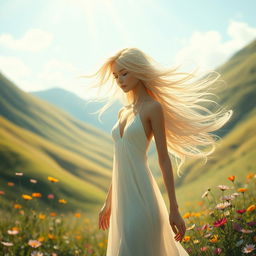 An imaginative portrayal of a graceful humanoid figure standing in a serene landscape, bathed in soft sunlight