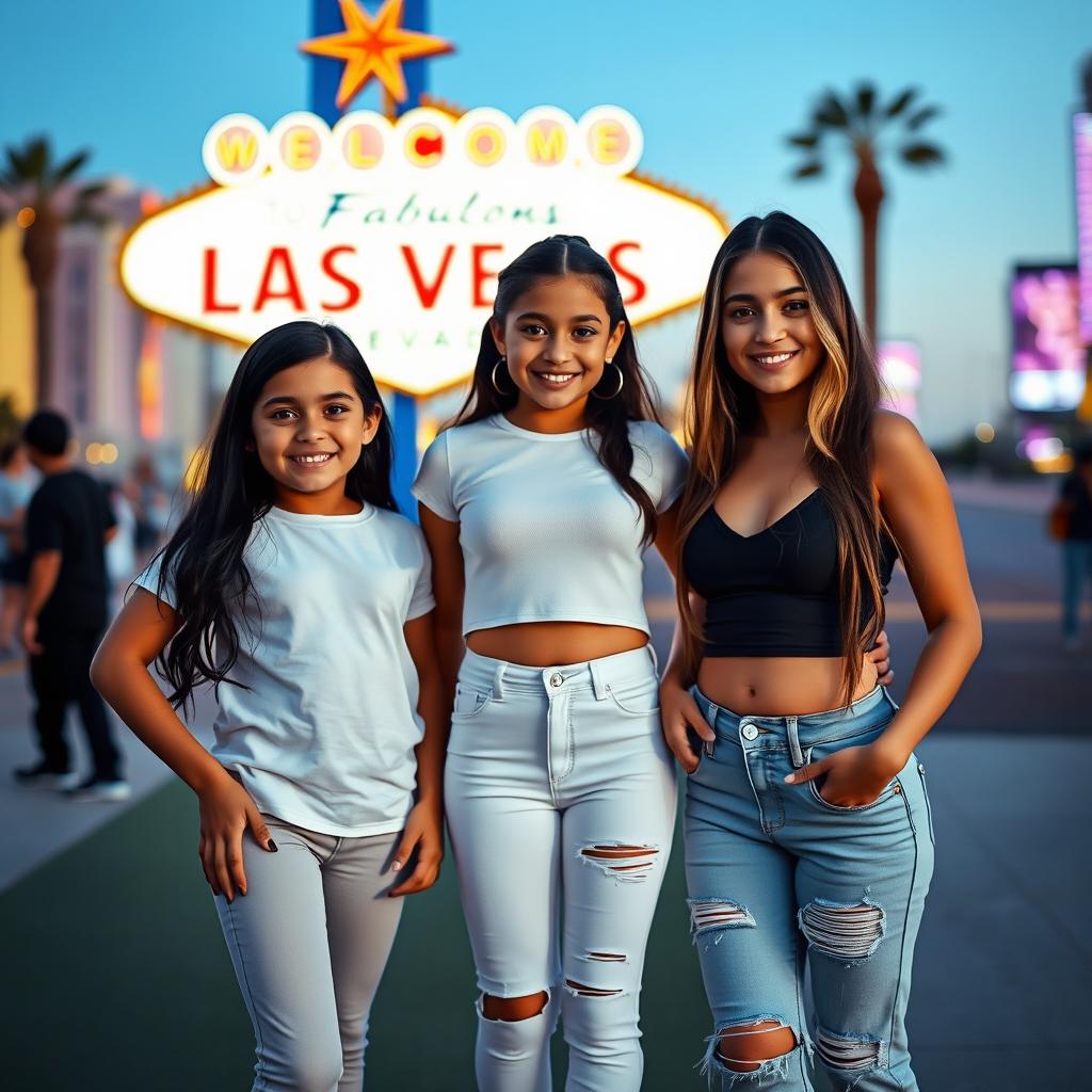 Three Latina siblings standing next to each other in Las Vegas: the youngest, a 9-year-old girl with long black hair, is wearing leggings and a white t-shirt, displaying an inviting smile and an energetic stance