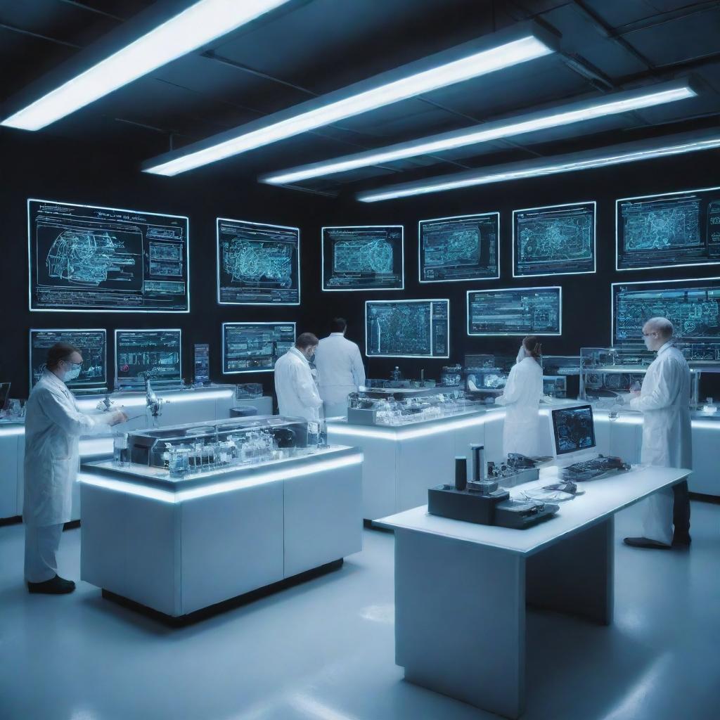 A futuristic science lab with glowing neon tubes, advanced machinery, complex diagrams on holographic screens and scientists in white coats conducting experiments