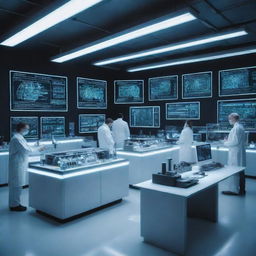 A futuristic science lab with glowing neon tubes, advanced machinery, complex diagrams on holographic screens and scientists in white coats conducting experiments