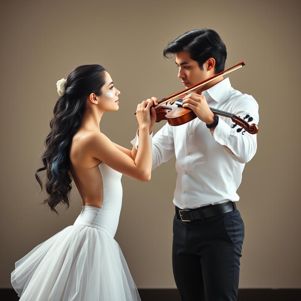 A beautiful scene depicting a ballet dancer with vitiligo, featuring a striking white streak in her black hair that extends from the roots to the tips