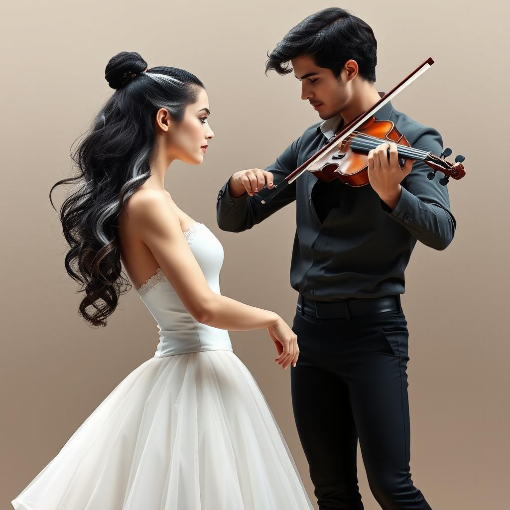 A beautiful scene depicting a ballet dancer with vitiligo, featuring a striking white streak in her black hair that extends from the roots to the tips