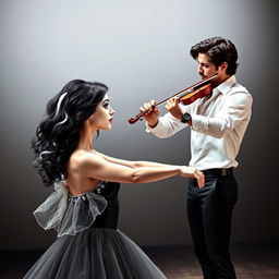 A beautiful scene depicting a ballet dancer with vitiligo, featuring a striking white streak in her black hair that extends from the roots to the tips