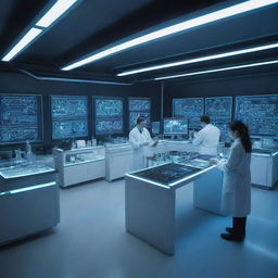 A futuristic science lab with glowing neon tubes, advanced machinery, complex diagrams on holographic screens and scientists in white coats conducting experiments