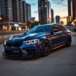 A sleek modified BMW G30 M5, showcasing a unique aftermarket body kit with aggressive styling, lowered suspension for a sportier stance, and high-performance alloy wheels