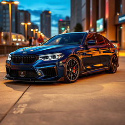 A sleek modified BMW G30 M5, showcasing a unique aftermarket body kit with aggressive styling, lowered suspension for a sportier stance, and high-performance alloy wheels