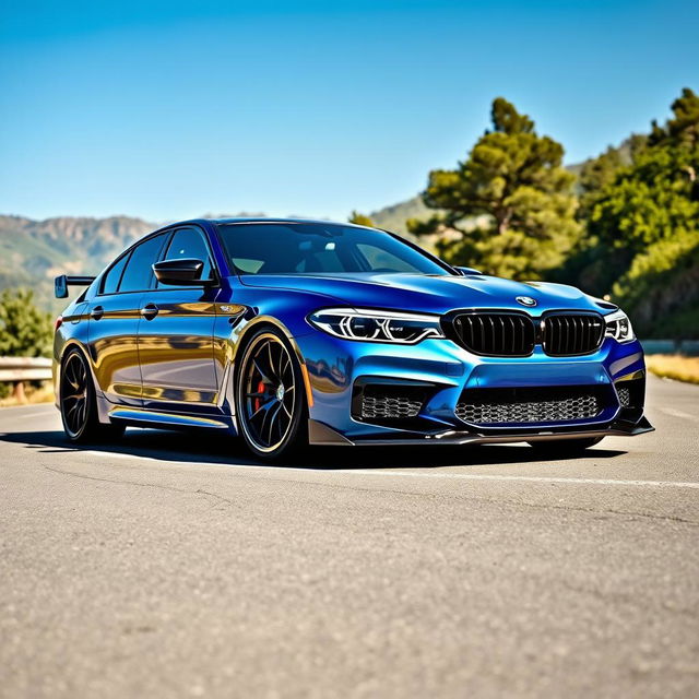 A strikingly modified BMW G30 M5, showcasing its sleek and aerodynamic design with an aggressive front splitter and custom body kit