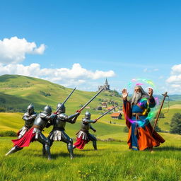 A serene medieval landscape featuring a lush green valley and rolling hills under a clear blue sky