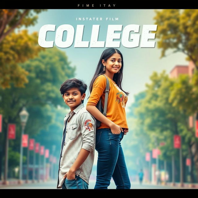 A cinematic film poster featuring a short-heighted Indian boy, 27 years old, with an energetic and passionate expression, standing confidently next to a tall, graceful Indian girl of the same age, who is exuding strength and beauty