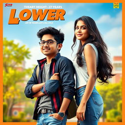 A cinematic film poster featuring a short-heighted Indian boy, 27 years old, with an energetic and passionate expression, standing confidently next to a tall, graceful Indian girl of the same age, who is exuding strength and beauty