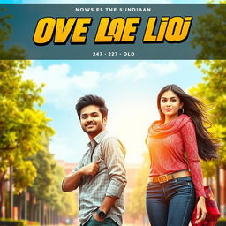 A cinematic film poster featuring a short-heighted Indian boy, 27 years old, with an energetic and passionate expression, standing confidently next to a tall, graceful Indian girl of the same age, who is exuding strength and beauty