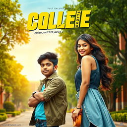 A cinematic film poster featuring a short-heighted Indian boy, 27 years old, with an energetic and passionate expression, standing confidently next to a tall, graceful Indian girl of the same age, who is exuding strength and beauty