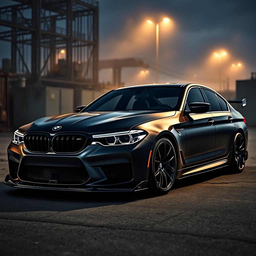 A modified BMW G30 M5, presented in a dark and moody setting that enhances its aggressive and sporty character