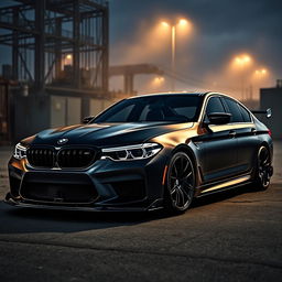 A modified BMW G30 M5, presented in a dark and moody setting that enhances its aggressive and sporty character