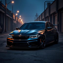 A modified BMW G30 M5, presented in a dark and moody setting that enhances its aggressive and sporty character