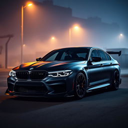 A modified BMW G30 M5, presented in a dark and moody setting that enhances its aggressive and sporty character