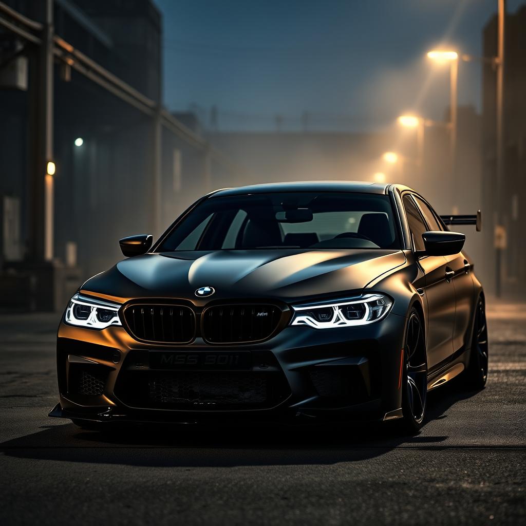 A modified BMW G30 M5, presented in a dark and moody setting that enhances its aggressive and sporty character