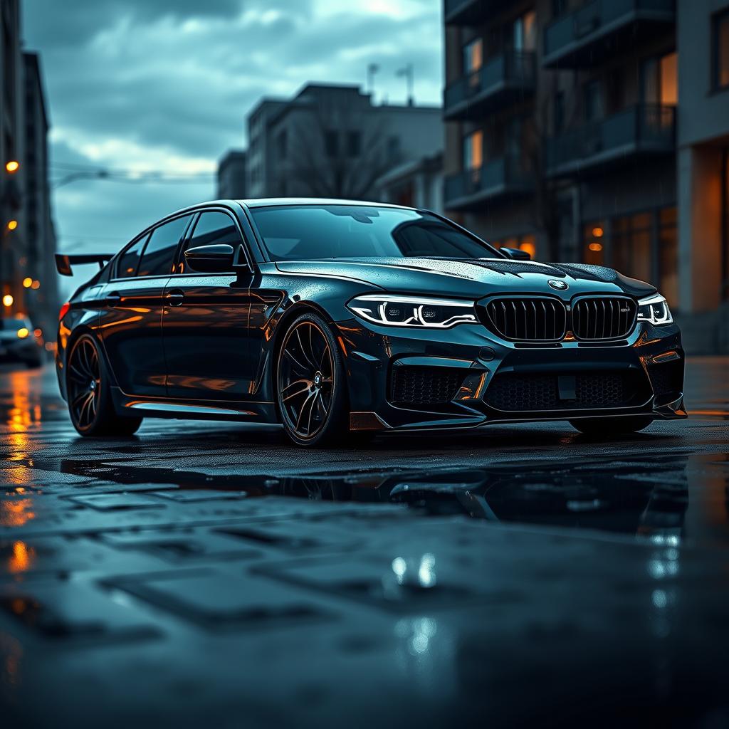 A moody and realistic depiction of a modified BMW G30 M5, showcasing its aggressive stance and aerodynamic features