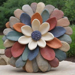 A beautiful flower sculpture meticulously formed from various sizes, shapes, and colors of natural rocks