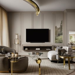 An exquisite living room featuring a state-of-the-art curved television, elegantly positioned amidst stylish furniture.