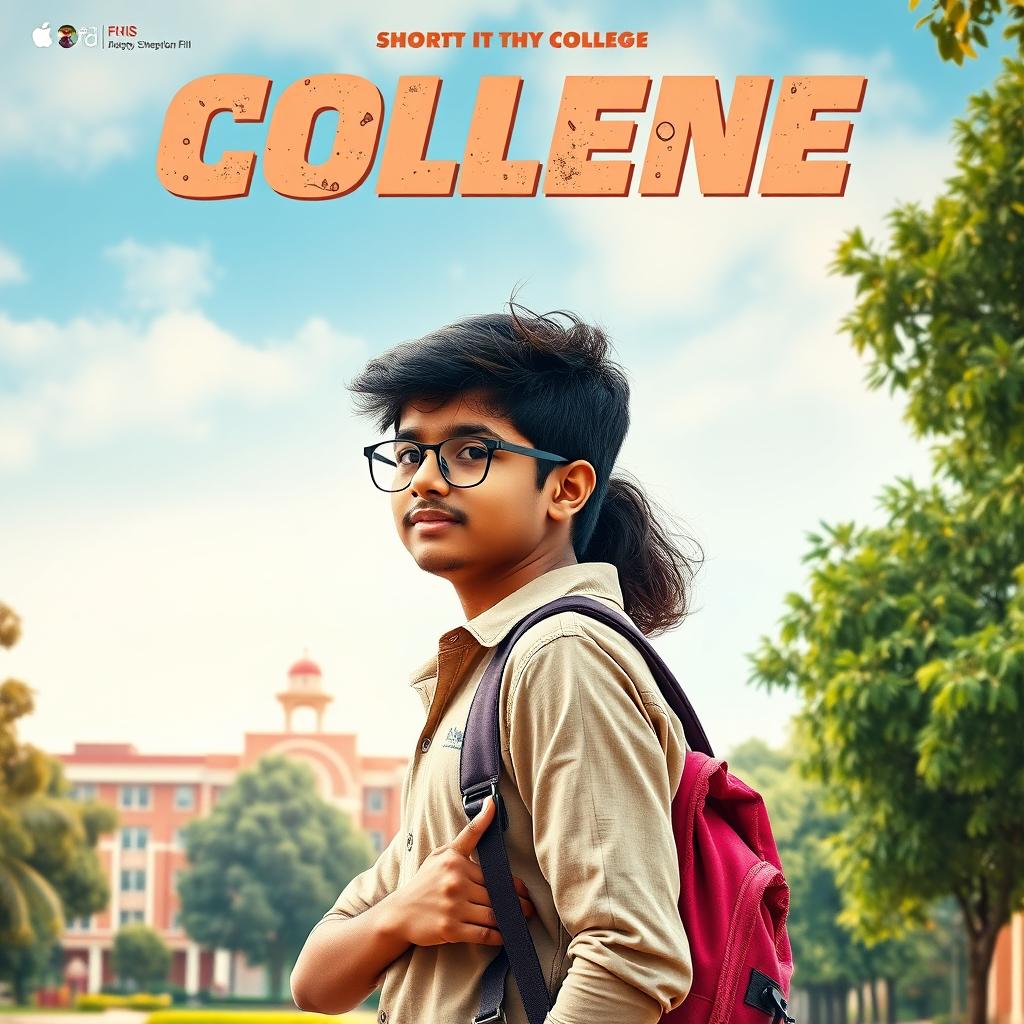 A cinematic film poster featuring a short-heighted Indian boy, 27 years old, with an energetic and passionate expression, standing confidently next to a tall, graceful Indian girl of the same age, who is exuding strength and beauty