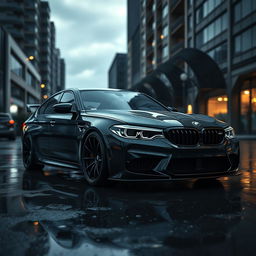 A moody and realistic depiction of a modified BMW G30 M5, showcasing its aggressive stance and aerodynamic features