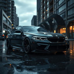 A moody and realistic depiction of a modified BMW G30 M5, showcasing its aggressive stance and aerodynamic features