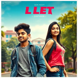 A cinematic film poster featuring a short-heighted Indian boy, 27 years old, with an energetic and passionate expression, standing confidently next to a tall, graceful Indian girl of the same age, who is exuding strength and beauty