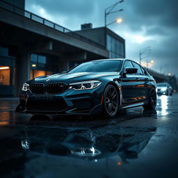 A moody and realistic depiction of a modified BMW G30 M5, showcasing its aggressive stance and aerodynamic features